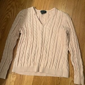 Ralph Lauren Women's V-Neck Cable Knit Sweater - Light Pink